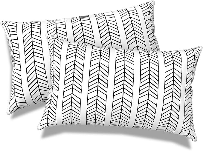 Outdoor Lumbar Pillows, Water Repellent Cushion Pillows 12x20 Inch, Outdoor Pillows with Inserts for Home Garden, Pack of 2, HerringboneWhite