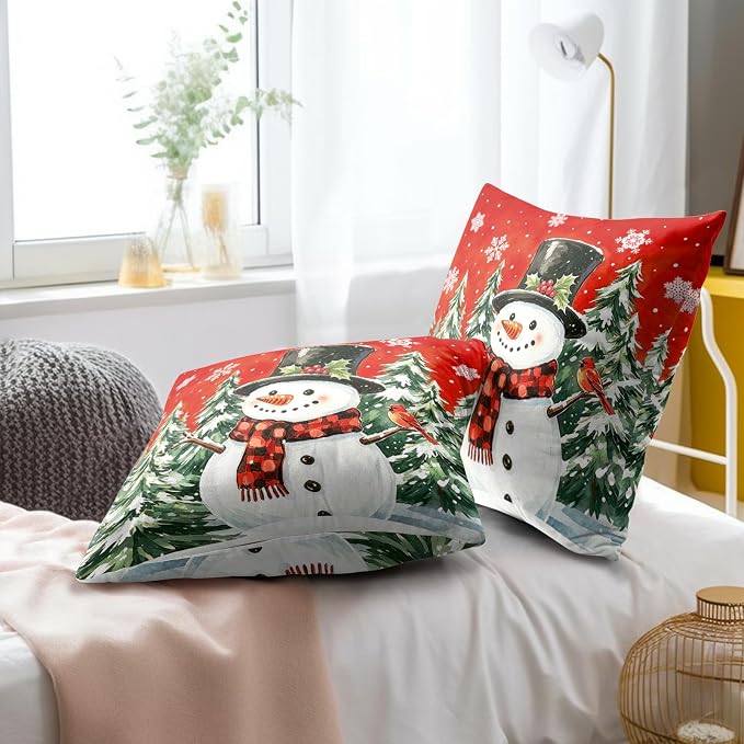 Christmas Throw Pillow Covers 18x18 Inch – Pack of 2 Snow Snowman Pine Trees Holiday Cotton Hidden Zipper Pillowcases for Couch Sofa Bed Porch Farmhouse Home Decor