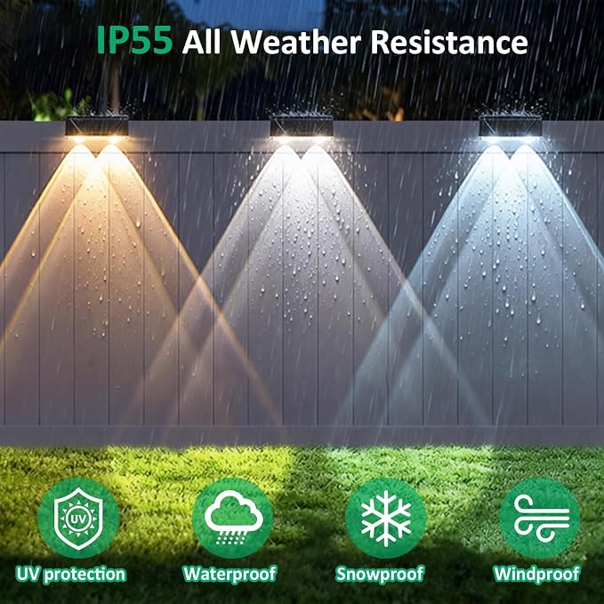 Solar Fence Lights Outdoor - 3 Color Modes(3000K/4000K/6000K), IP55 Waterproof Solar Lights, Fence Light Solar Powered for Outside, Backyard, Railing, Steps, Patio and Wall Lighting (2PK)