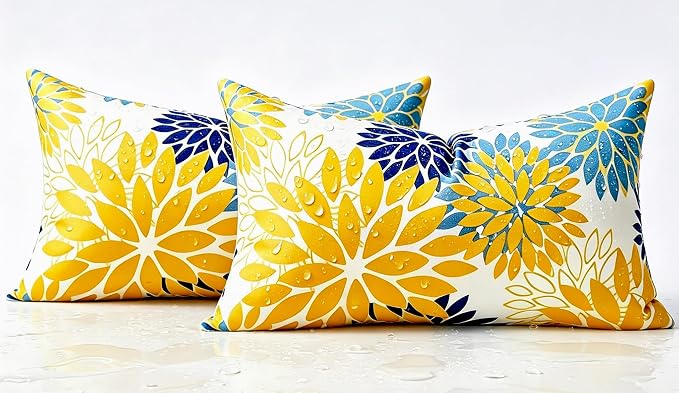 Set of 2 Yellow and Blue Dahlia Throw Pillow Covers 12x20 Inch Outdoor Pillows Waterproof Cushion Covers Decorative Spring Summer Pillowcases for Sofa Bedroom Patio Garden Farmhouse Decor