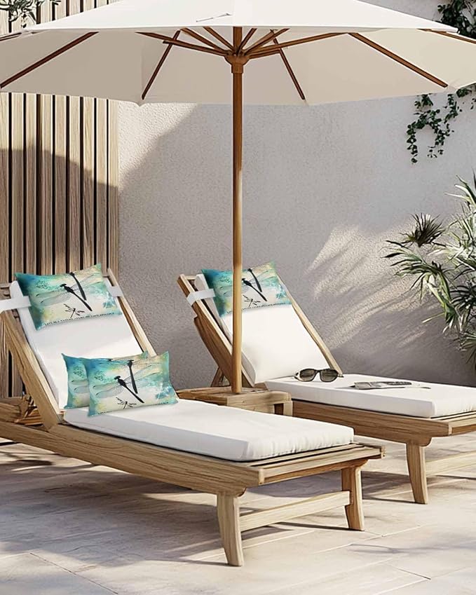 Pack of 2 Outdoor Lumbar Pillow Covers 12x20 Inch, Watercolor Dragonfly Waterproof Throw Pillow Covers Set, Turquoise Blue Ombre Animals Indoor&Outdoor Decorative Cushion Cases for Patio Porch Beach