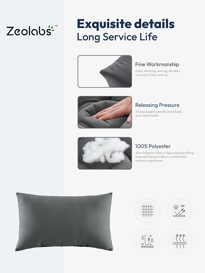 Indoor Outdoor Lumbar Pillows,Waterproof Outdoor Pillows Set of 4 for Patio Furniture,12×20 Inch, Dark Grey