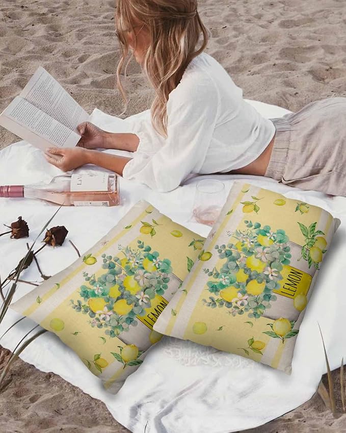 Eucalyptus Leaves Outdoor Pillow Covers Pack of 2, Yellow Stripes Vase Lemon Waterproof Pillow Covers Seasonal Spring Summer Throw Pillowcase for Patio Funiture Garden Tent, 12 x 20 inch