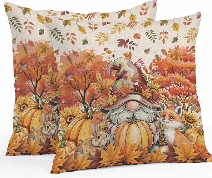 Fall Gnomes Pumpkin Outdoor Waterproof Pillow Covers, Maple Leaves Animal Country Vintage Decorative Square Throw Pillowcase Sofa Cushion Sham for Patio/Couch/Chair, 18"x18" 2 Pack