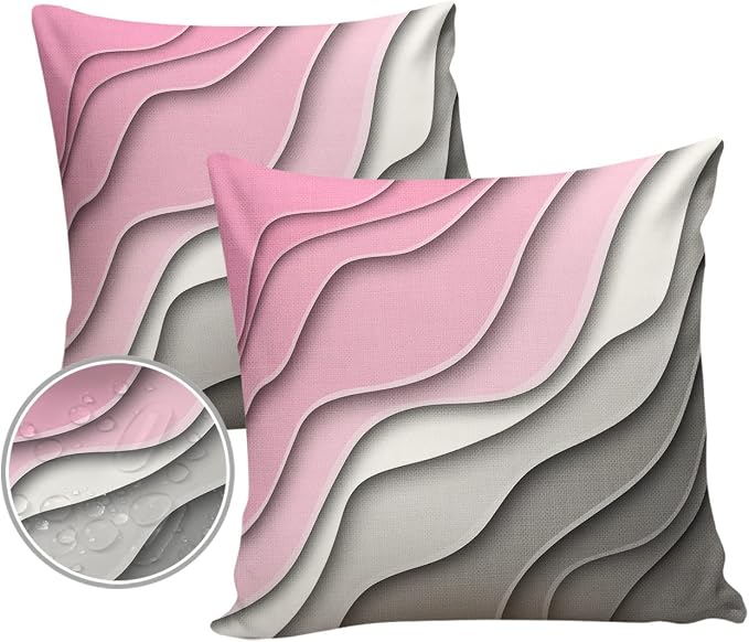 Outdoor Waterproof Pillow Covers for Patio Furniture Pink Modern Geometric Decorative Throw Pillow Cover Abstract Beach Pillowcases Set of 2 Cushion Case for Sofa Couch Chair Home Decor 20 x 20 Inches