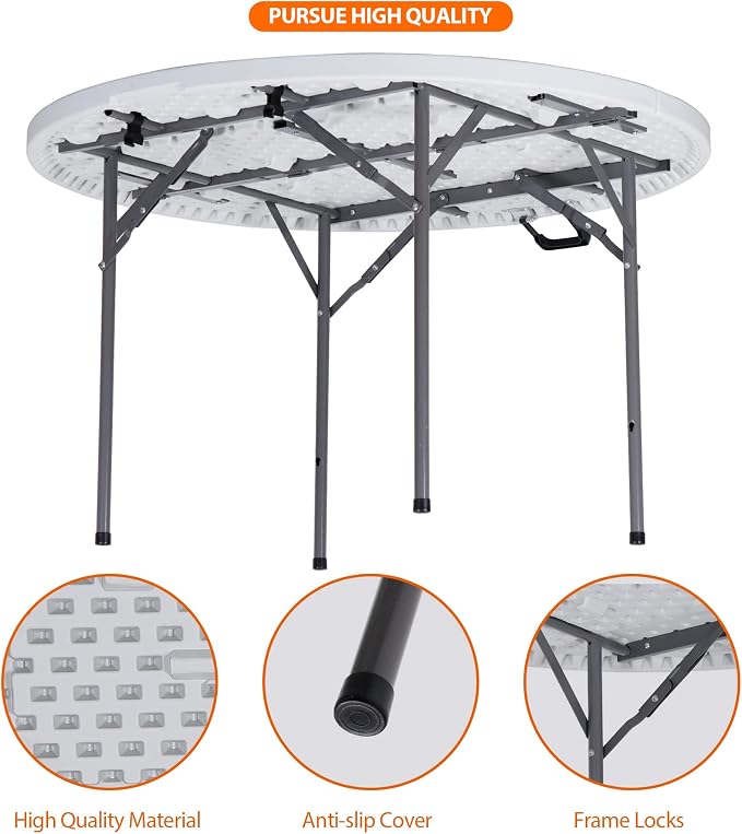 48" Round Folding Table Plastic Card Table Circle Dining Table Heavy Duty Portable w/Handle for Picnic Party Camping Dining Wedding Event Indoor Outdoor Lightweight White