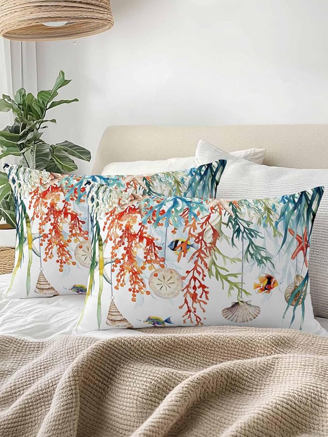 Outdoor Waterproof Throw Pillows Summer Colorful Coral Shell Conch Patio Pillows,Decorative Pillow Covers with Insert,Pillow Cushion Case for Garden Couch Sofa Sea Starfish Fish Marine Life