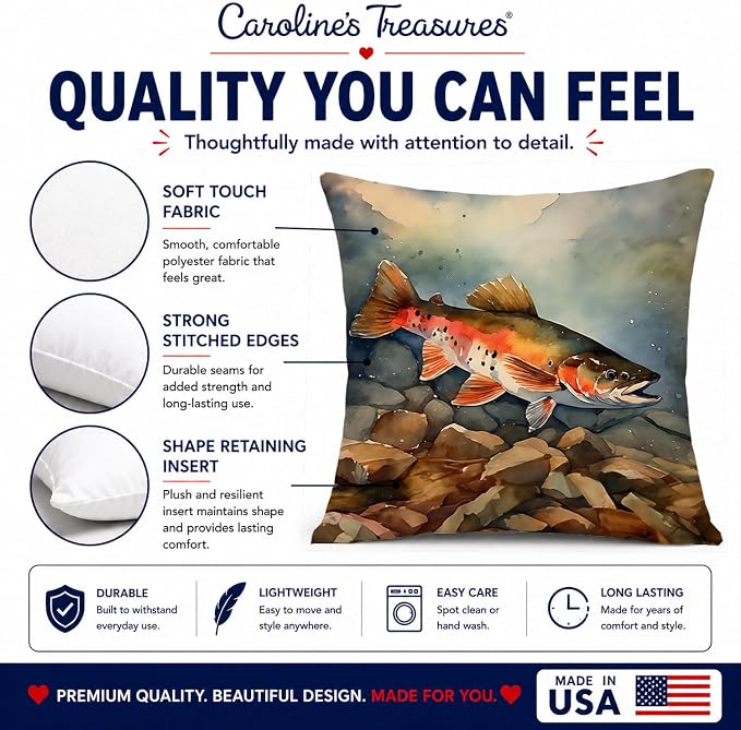 Caroline's Treasures Brook Trout Throw Pillow Machine Washable, Indoor Outdoor Decorative Pillow for Couch, Bed or Patio, 14Hx14W