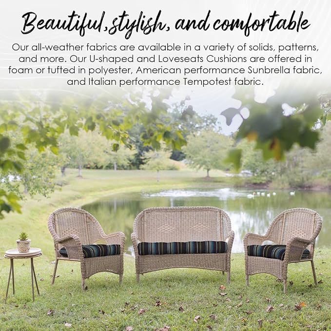 RSH DECOR: Tufted U-Shapes & Lumbars 2 of Each | 19” x 19” & 20" x 12" | Water-Resistant Spun Fabric | Outdoor Wicker Cushions & Support Pillows for Patio Furniture | Ashmore Marine - Made in USA