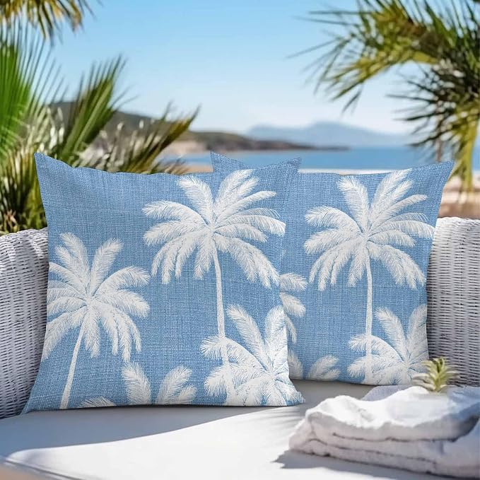 Outdoor Pillow Covers 16x16 Inch Set of 2, Blue Palm Trees Waterproof Throw Pillow Covers, Farmhouse Tropical Summer Beach Decorative Cushion Pillowcases for Couch, Sofa, Bed, Garden, Patio