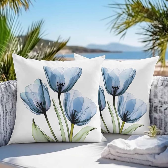 Rustic Blue Tulip Outdoor Pillow Covers 20x20in Pack of 2 Waterproof Pillowcase Watercolor Farmhouse Flower Decorative Throw Cushion Case for Patio Couch Sofa