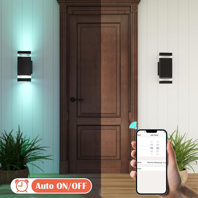 RGB+CCT Outdoor Wall Light 3 Pack, App Control Up Down Wall Sconce, Color Changing 2700K–6500K Exterior Lighting, Waterproof Aluminum LED Porch Lights for Garage Patio Front Door (3 Pack)
