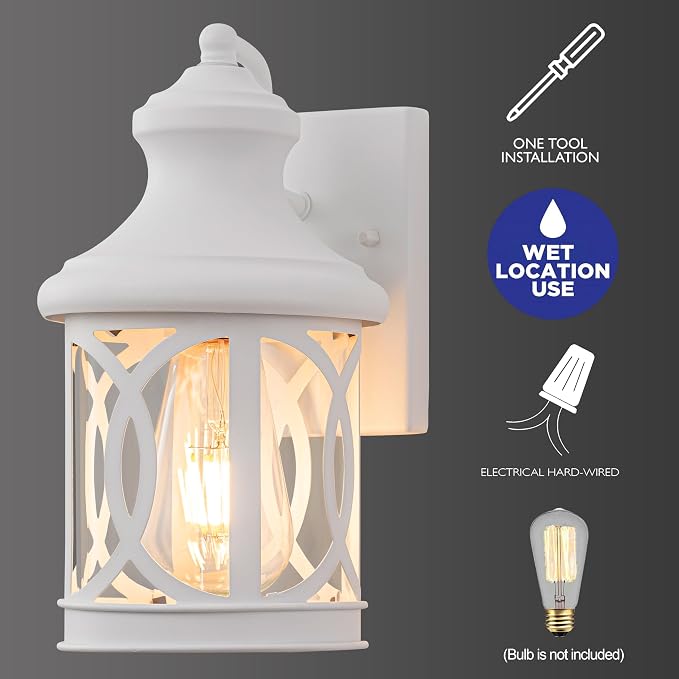 2-Pack Outdoor Wall Lights, Porch Lights, Waterproof Outdoor Wall Sconce, Exterior Light Fixture White with Clear Glass Shade for Garage Patio Front Door Balcony
