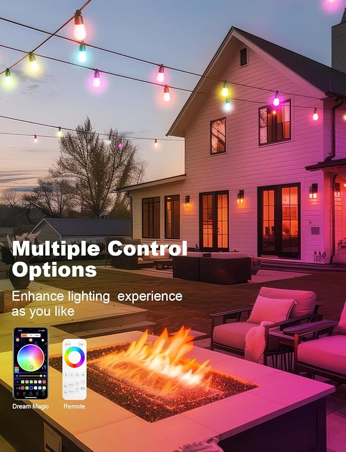 Outdoor String Lights 36 LED Bulbs, 118(98+12) ft RGB+IC+Warm White | APP Control with Remote, Music Sync for Garden Party Decor Christmas Outdoor Light, NOT Extendable