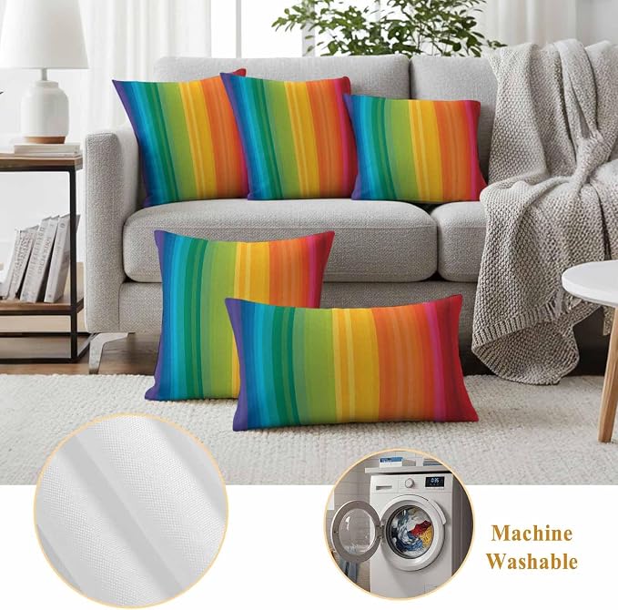 Colorful Stripes Rainbow Outdoor Pillow Covers 18x18in Pack of 2 Waterproof Pillowcase Watercolor Line Minimalist Geometric Decorative Throw Cushion Case for Patio Couch Sofa