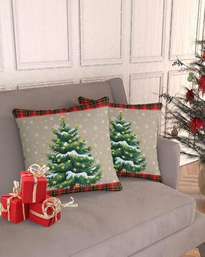 Outdoor Waterproof Throw Pillow Covers, Christmas Trees Winter Snowflake Green Red Tartan Plaid Vintage Burlap Pattern Pillowcases Cushion Covers Cases for Patio Couch Bench, Pack of 2, 16X16 Inch