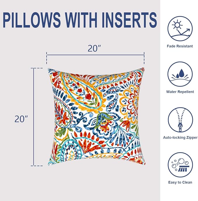 Outdoor 20x20 Inch Throw Pillows with Inners, Square Pillows Decorative Set of 2 for Home Garden Furniture, Paisley Multi