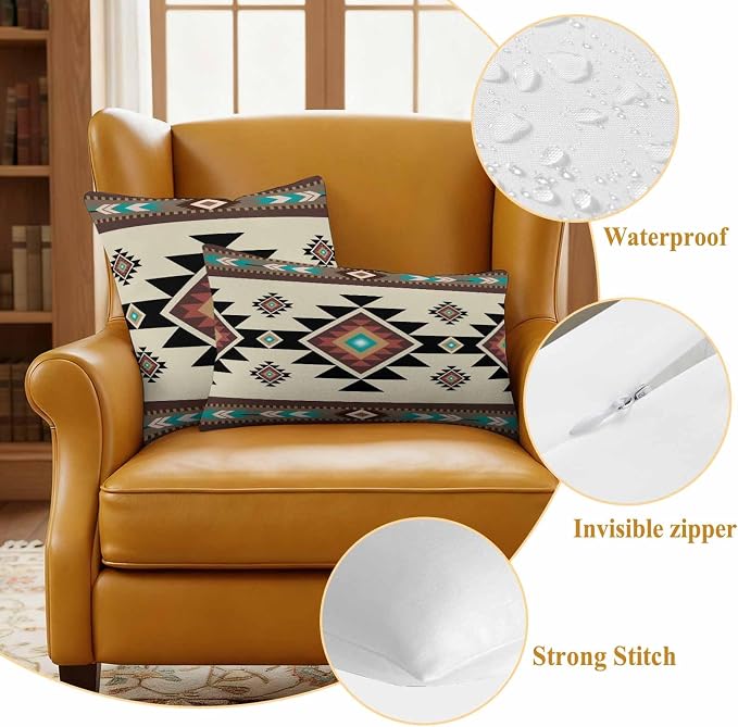 Southwest Geometric Waterproof Outdoor Pillow Covers 20''x12'' Set of 2, Brown Mexican Aztec Boho Tribal Patio Furniture Cushion Covers for Chairs, Decorative Pillow Cases for Garden/Pool/Beach