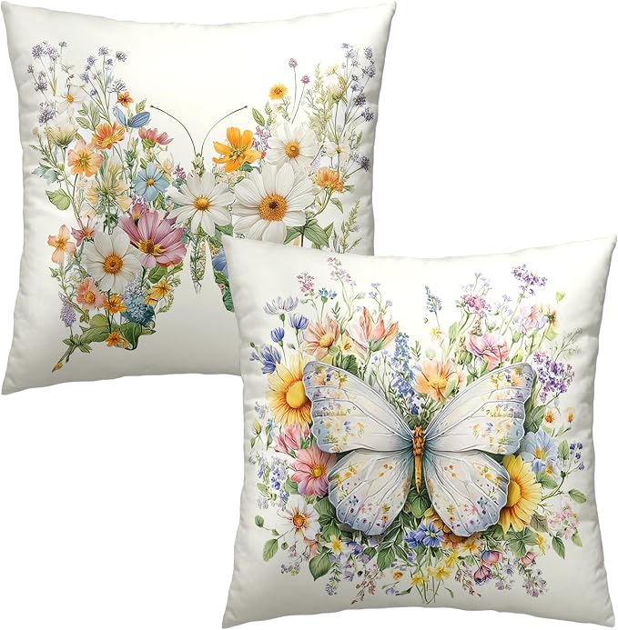 Colorful Butterfly Pillow Covers Spring Summer Floral Throw Pillow Covers Butterfly Sunflower Pillow Cases 20x20 Daisy Farmhouse Decorative Cushion Cases for Home Sofa 2 Pack