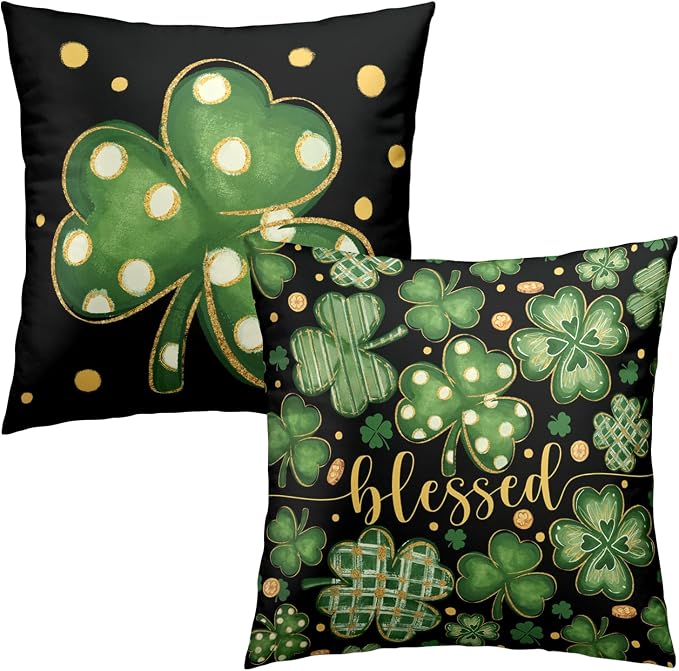 Pack of 2 St Patricks Day Pillow Covers 20x20 Lucky Blessed Shamrock Throw Pillow Covers Green Black Stripes Polka Dots Clover Pillow Cases for Sofa Couch Bed Home Decor