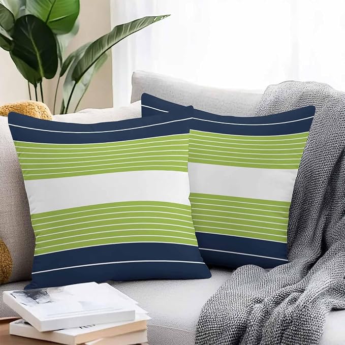 Navy Blue Green Stripe Outdoor Pillow Covers Waterproof, All Weather Cushion Case Set of 2, Modern Art Horizontal Striped Decorative Pillowcases for Sofa Couch Bed Decor Patio Furniture 18"x18"