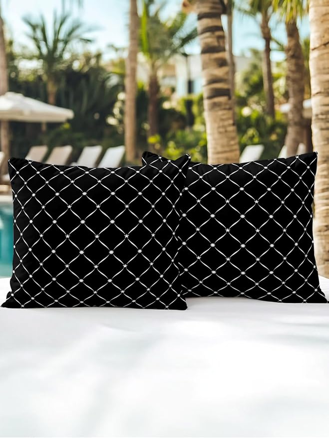 Waterproof Outdoor Pillow Set of 2 Black Grid Plaid Decorative Throw Pillows Cover & Insert 16x16 Inch Pillowcase Diagonally Crossed Lines Pillows for Couch Sofa Bed Patio Furniture Indoor Outdoor