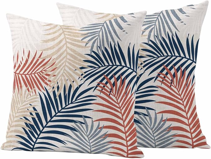 Outdoor Waterproof Throw Pillow Covers, Red Blue Yellow Palm Leaves Decorative Pillow Cases, Summer Botanical Tropical Leaf Couch Pillow Protector Patio Sofa Cushion Covers Replacement 26"x26" 2 Pack