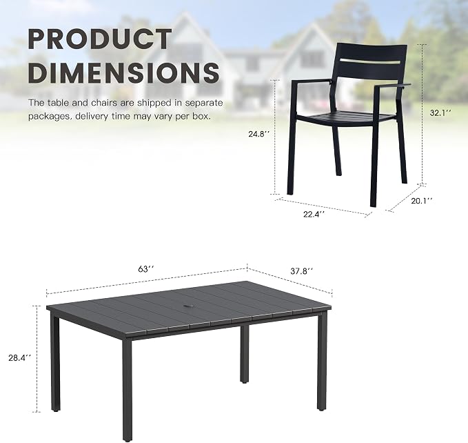 Patio Dining Set for 6, 63" Outdoor Dining Table and Chairs Set with Stackable Patio Chairs Outdoor Furniture for Garden Deck Backyard, Black Table and Black Chairs