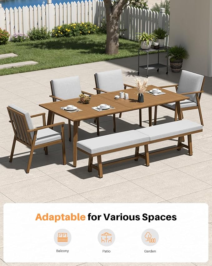 76'' Outdoor Patio Bench, 3-Seat Never-Rust Aluminum Backless Outdoor Bench with Thick Cushion, Weatherproof Outdoor Dining Benches, Outside Porch Benches for Balcony, Deck, Garden, Lawn, Teak