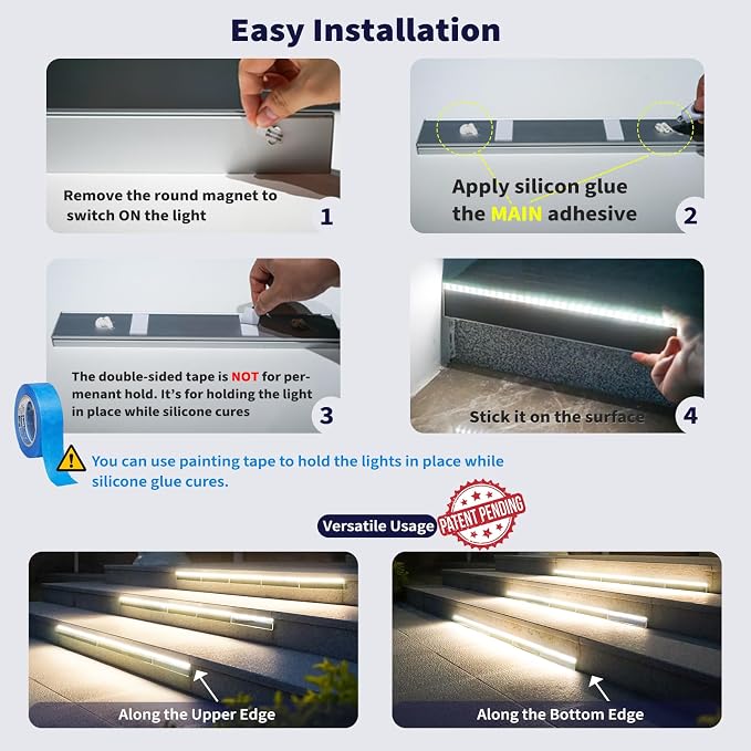 SHONELIGHTING Solar Step Lights Outside, 33 Focused LEDs, Stair Light, 8PK | Downward Lighting, High Brightness, Modular, Waterproof Aluminum, Risers, Deck, Curbsides, Planter Edges, Warm White, 3000K