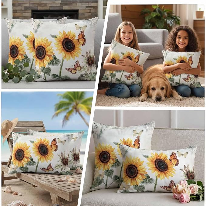 Sunflower Outdoor Waterproof Throw Pillow Covers Set of 2, 18"x18", Farmhouse Rustic Retro Summer Floral Butterfly Decorative Pillow Covers Outside Cushion Case for Patio Porch Garden