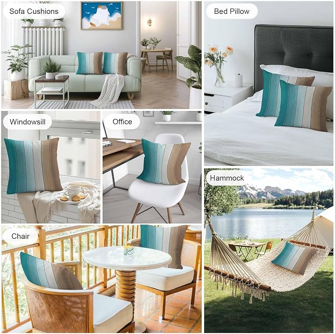 Throw Pillow Covers 20x20 Inch Set of 2, Aqua Brown Ombre Waterproof Outdoor Cushion Covers, Vintage Country Wooden Decorative Pillowcases for Couch, Sofa, Bed, Garden, Patio