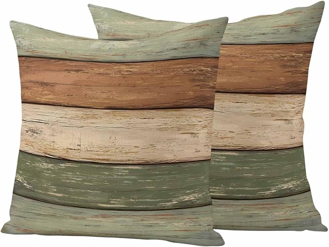 Farmhouse Sage Green Brown Outdoor Waterproof Pillow Covers, Vintage Wooden Striped Decorative Square Throw Pillowcase Sofa Cushion Sham for Patio/Couch/Chair, 18"x18" 2 Pack