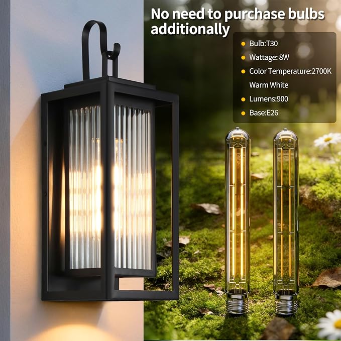 2 Pack Outdoor Wall Lights for House Exterior, 18 Inch Large Black Modern Lantern with Dual Metal Frame & Textured Glass, IP65 Waterproof (Bulbs Included)