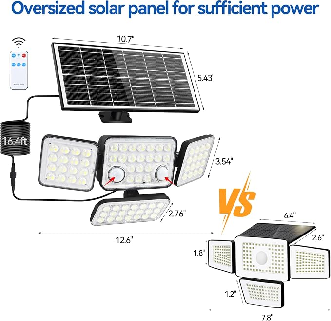 Aialun 2Pack Solar Lights Outdoor Motion Sensor 3600LM 5000mAh Battery,Bright 8500K 292 LEDs 4 Heads Solar Security Flood Lights Waterproof IP65,Remote Control,3 Modes for Backyard,Garage,Patio