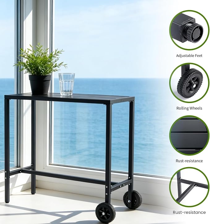 Takywep 39 Inch Counter Height Outdoor Bar Table with Wheels & Adjustable Leveling Feet, Multipurpose High Top Bar Table for Kitchen, Home Bar, Patio, Balcony, Black