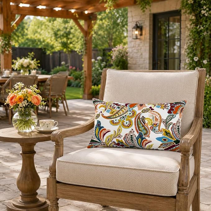 Pack of 2 Patio Lumbar Pillows 12"x20" | Fade Resistant Outdoor Waterproof Lumbar Pillow with Inners Decorative Garden Lumbar Cushions for Home Patio Terrace Sofa