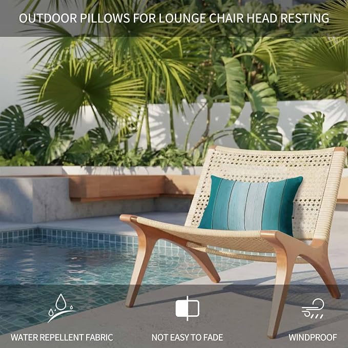Aqua Ombre Outdoor Pillows for Chaise Lounge Chair Beach Headrest Pillow Set of 2 Waterproof Lumbar Pillows with Insert&Strap Vintage Country Wooden Recliner Neck Pillow for Patio Pool 11"x16"