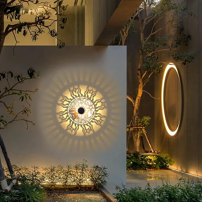 gardencave 2 Pack Solar Fence Lights Metal Solar Powered Outdoor Wall Deck Lights Sun Moon Theme Waterproof Fence Light for Garden Post Patio Backyard Yard Decor (Face, 2 Pack)