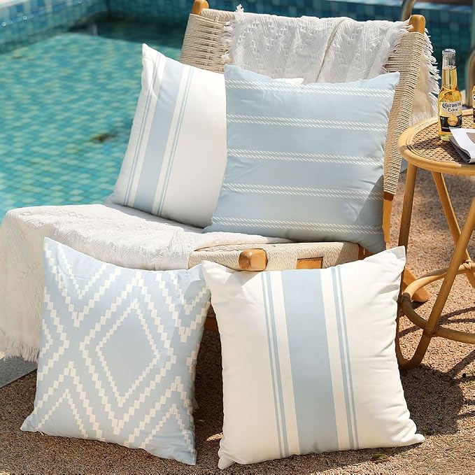DFXSZ Outdoor Light Blue Waterproof Geometry Pillow Covers 18x18 Set of 4 | Spring Summer Waterproof Modern Throw Pillowcases（No Inserts） Outdoor Decor for Patio Funiture Garden Polyester Covers