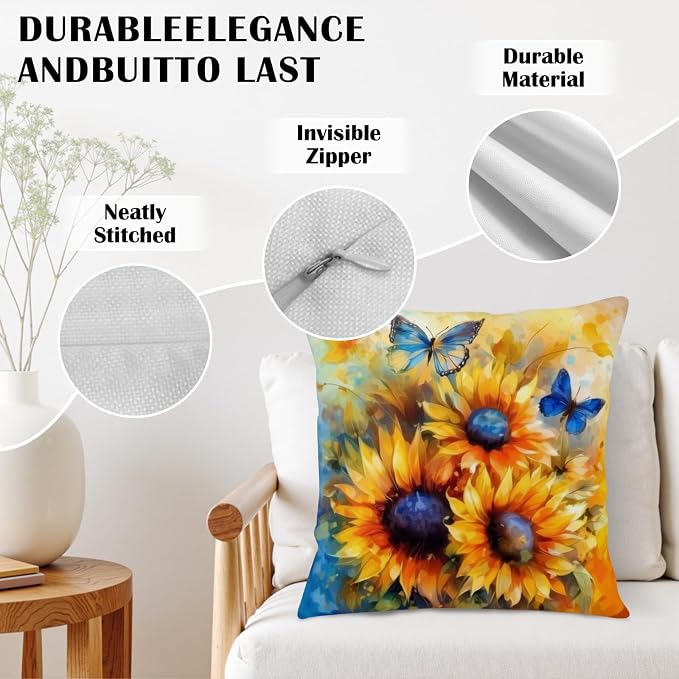 Oil Painting Sunflower Pillow Covers Sun Flower with Butterfly Throw Pillow Covers 24x24 Set of 2 Vintage Pillowcase Double Sided Printing Cushion Case for Home Decor Outdoor Sofa