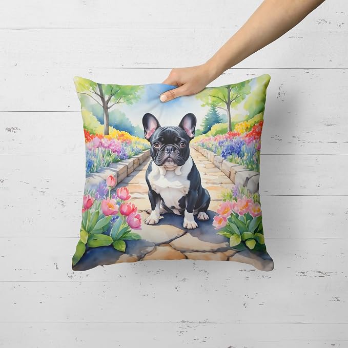 Caroline's Treasures French Bulldog Spring Path Throw Pillow Machine Washable, Indoor Outdoor Decorative Pillow for Couch, Bed or Patio, 18Hx18W