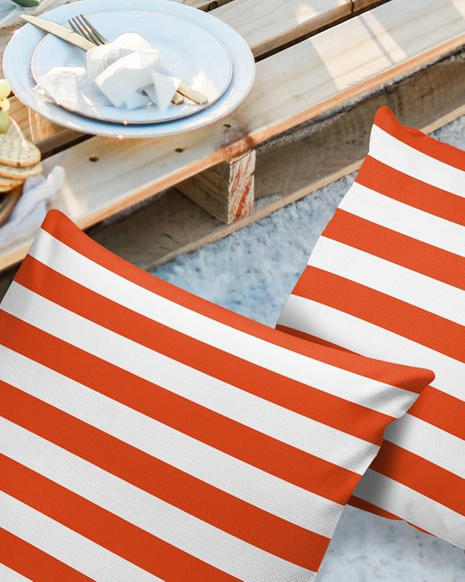 Outdoor Waterproof Pillow Covers for Patio Furniture Orange and White Stripes Decorative Throw Pillow Cover Solid Striped Pillowcases Set of 2 Cushion Case for Sofa Couch Chair 20 x 20 in