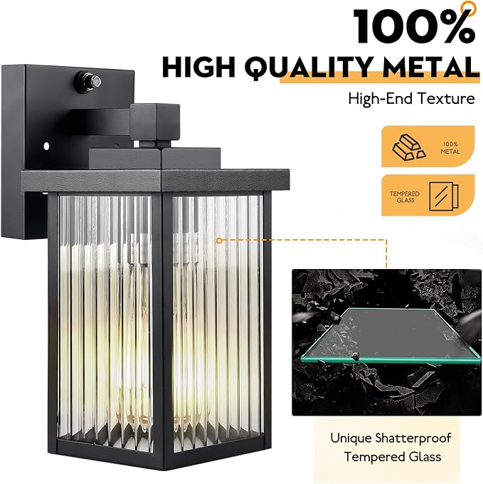 2 Pack Black Dusk to Dawn Outdoor Wall Light, All-Metal Frame | Auto On/Off, Rust-Resistant,Tempered Glass, Easy DIY Install on Porch, Garage