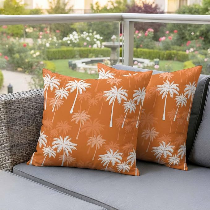 Throw Pillow Covers 26x26 Inch Set of 2, Tropical Palm Tree Waterproof Outdoor Pillow Covers, Orange White Plants Coastal Leaf Beach Decorative Cushion Pillowcases for Couch, Sofa, Bed, Garden, Patio