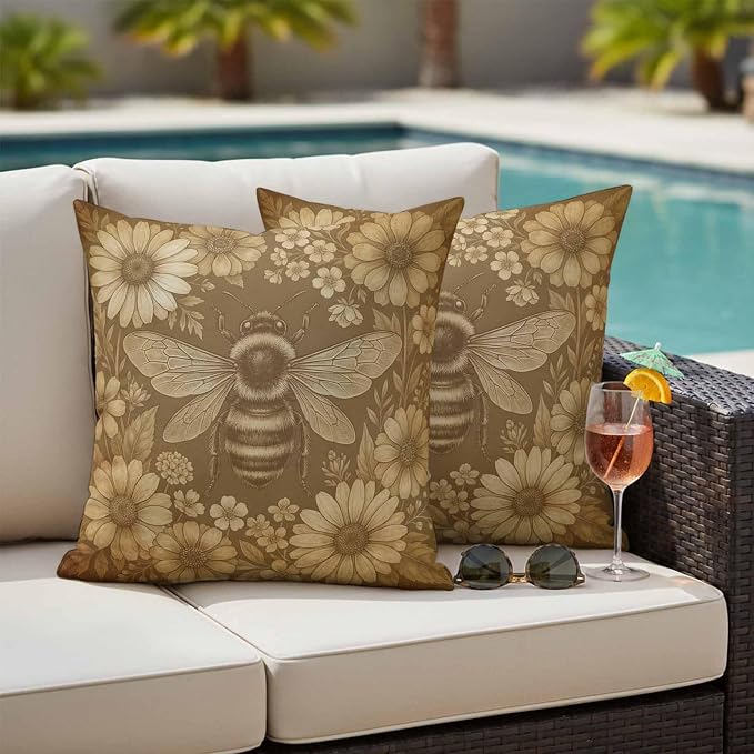 Outdoor Pillow Covers Waterproof, Brown Bee Decorative Square Throw Pillowcases Patio Cushion Covers for Tent/Garden, 16" x 16" 2 Pack, Farmhouse Vintage Animals Botanical Flowers