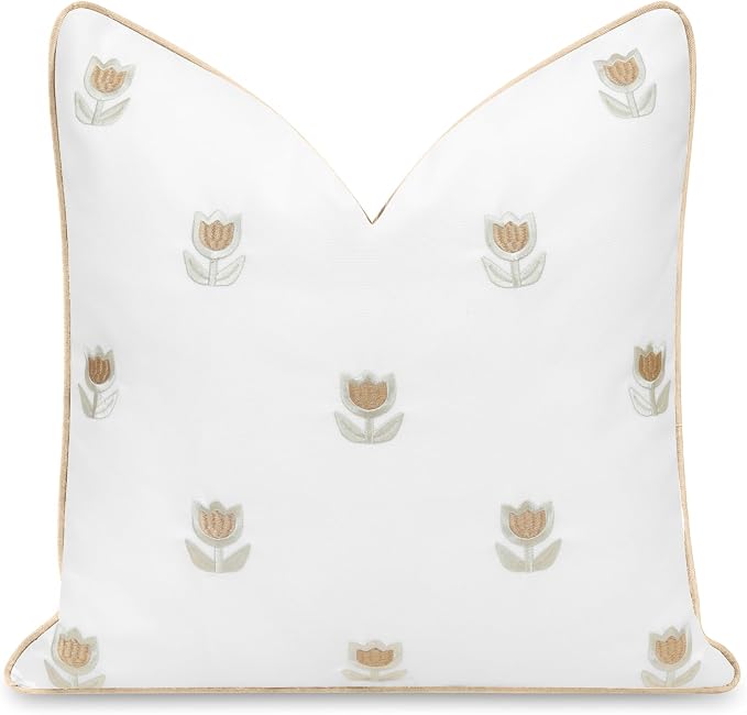Hofdeco Premium Coastal Patio Indoor Outdoor Throw Pillow Cover Only, 20”x20” Water Repellent for Backyard, Couch, Tan Embroidered Tulips Floral with Piping