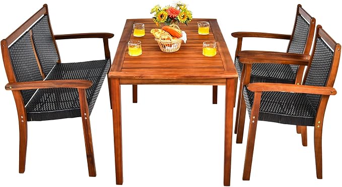 HAPPYGRILL 4 Piece Patio Dining Set Outdoor PE Rattan Space-Saving Dining Table Set with Umbrella Hole, Patio Armchairs and Acacia Wood Table Set for Garden Backyard Poolside