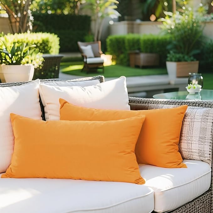 SK Studio Outdoor Water Resistant Throw Pillows, Decorative Patio Lumbar Cushions, Fluffy Furniture Garden Cushions for Home Patio Coach Sofa Use, Pack of 2, Yellow 1, 12x20 Inch