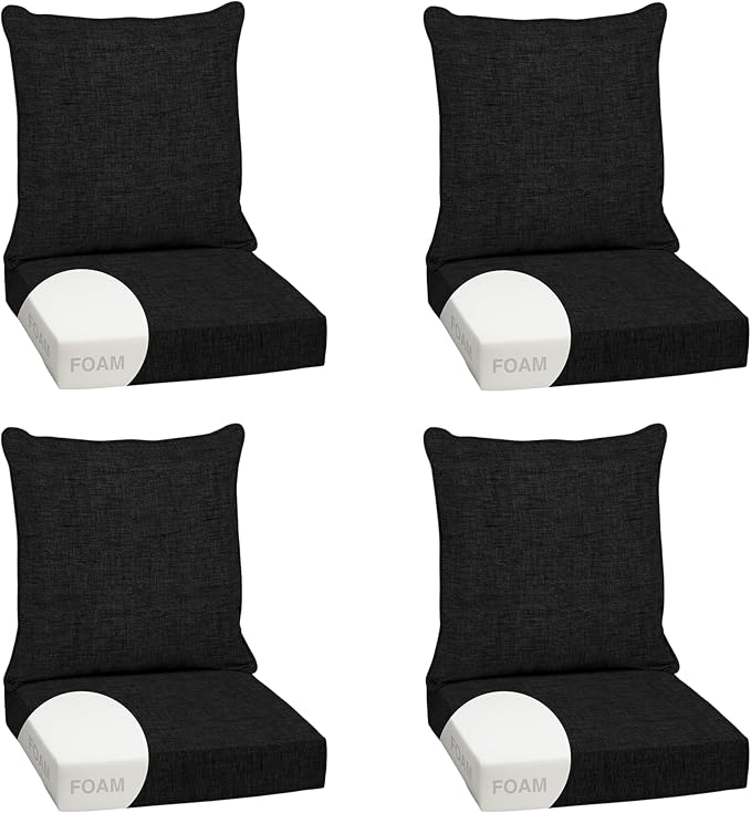Arden Outdoor Deep Seat Cushion Set, Foam, 4-Pack, 24x24, Black | Sofa, Couch, Conversation Set, Premium High-Density Foam, Never Flattens, Mold and Mildew Resistant